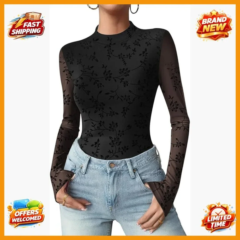 Sheer Mesh Long Sleeve Blouse Mock Neck Floral Top S-XXL - Picture 1 of 7